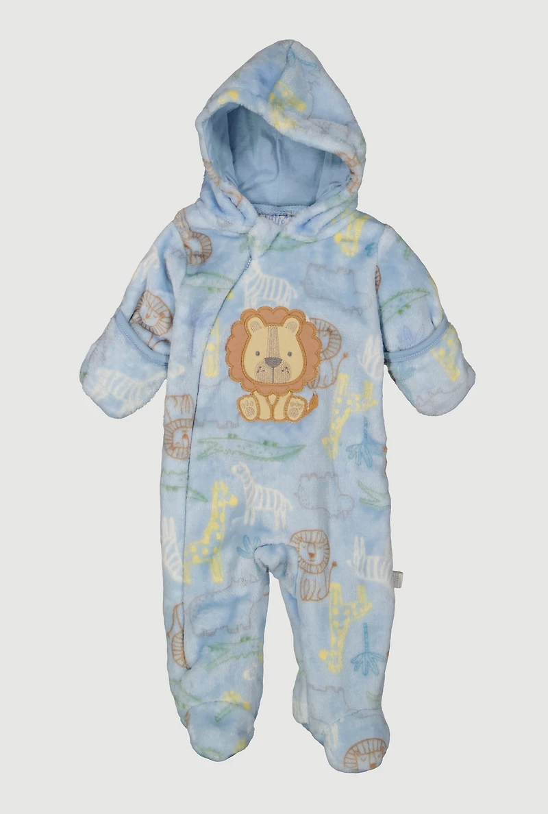 Baby Boys 0-9M Hooded Lion Patch Graphic Footed Jumpsuit, Blue,