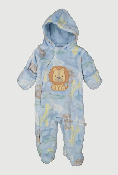 Baby Boys 0-9M Hooded Lion Patch Graphic Footed Jumpsuit, Blue,