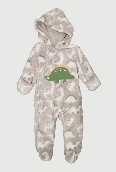 Baby Boys 0-9M Hooded Dino Patch Graphic Footed Jumpsuit, Grey, Size 3-6M