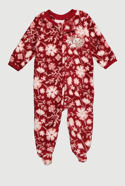 Baby Girls 0-9M Floral Cat Embroidered Footed Jumpsuit, Red, Size 6-9M