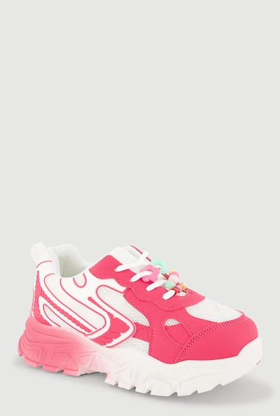 Girls Color Block Beaded Lace Up Chunky Sneakers