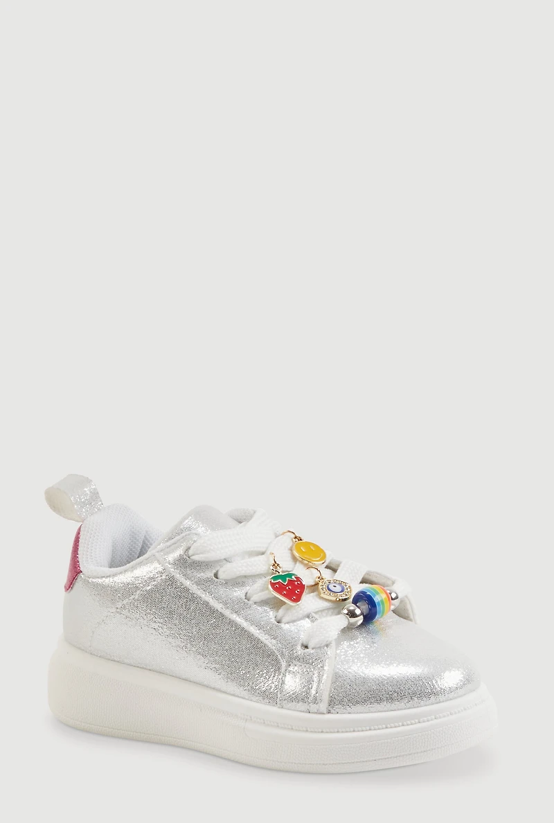 Toddler Girls Beaded Charm Lace Up Metallic Sneakers