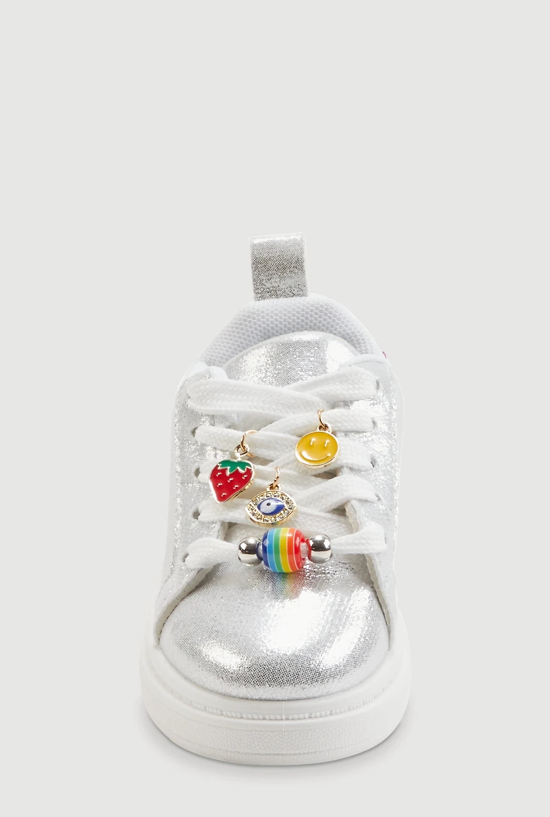 Toddler Girls Beaded Charm Lace Up Metallic Sneakers
