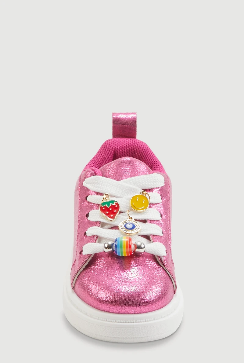 Toddler Girls Beaded Charm Lace Up Metallic Sneakers