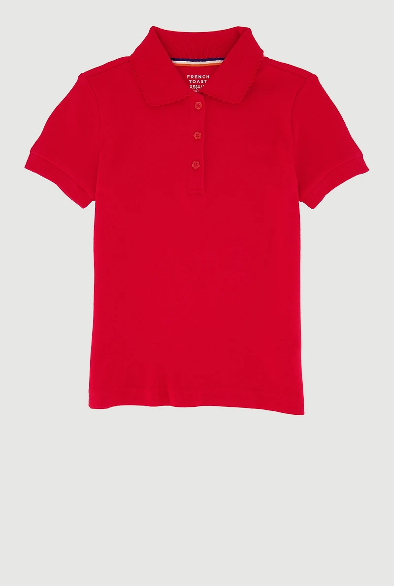 French Toast Girls 4-6x Picot Collar Short Sleeve Interlock Polo, Red,