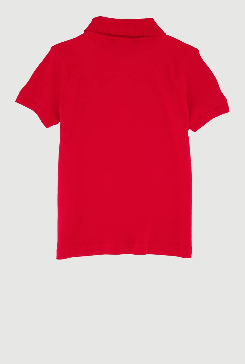 French Toast Girls 4-6x Picot Collar Short Sleeve Interlock Polo, Red,