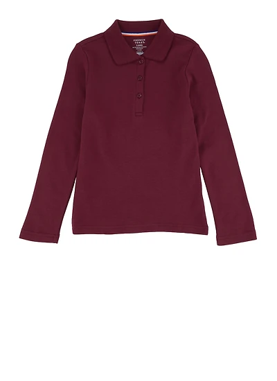 French Toast Girls 4-6x Solid Long Sleeve Interlock Polo Shirt, Burgundy, Size 4-5