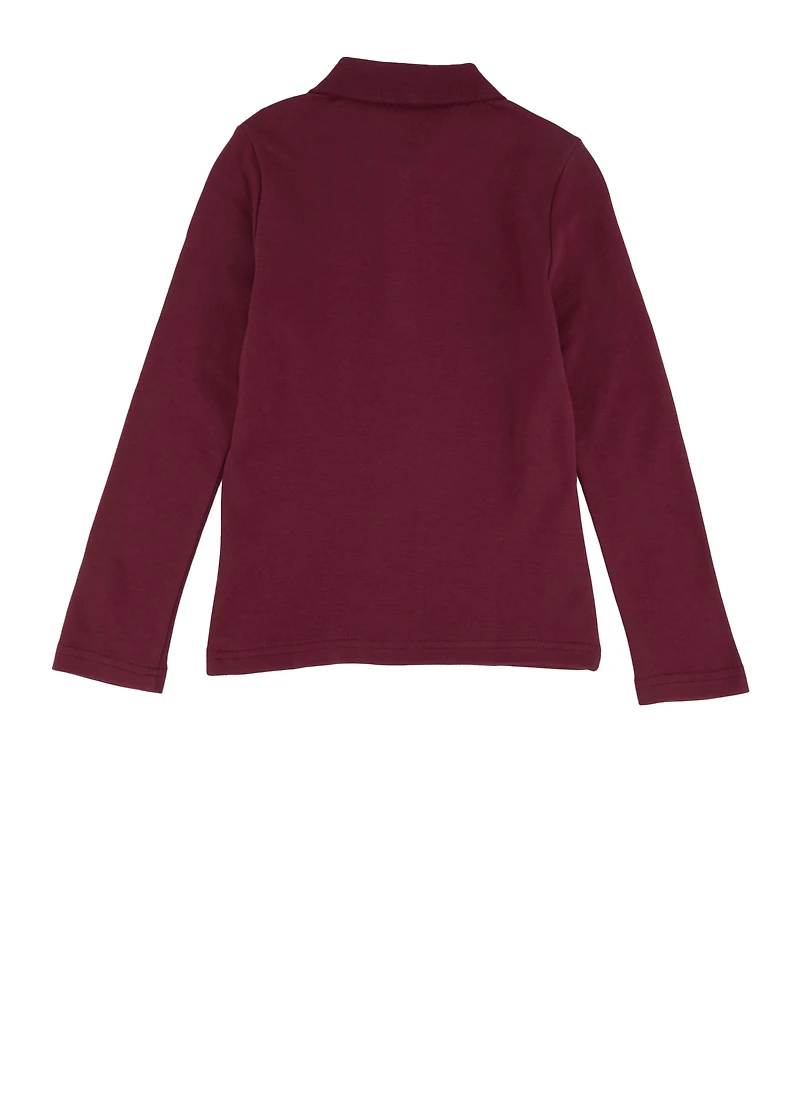 French Toast Girls 4-6x Solid Long Sleeve Interlock Polo Shirt, Burgundy, Size 4-5