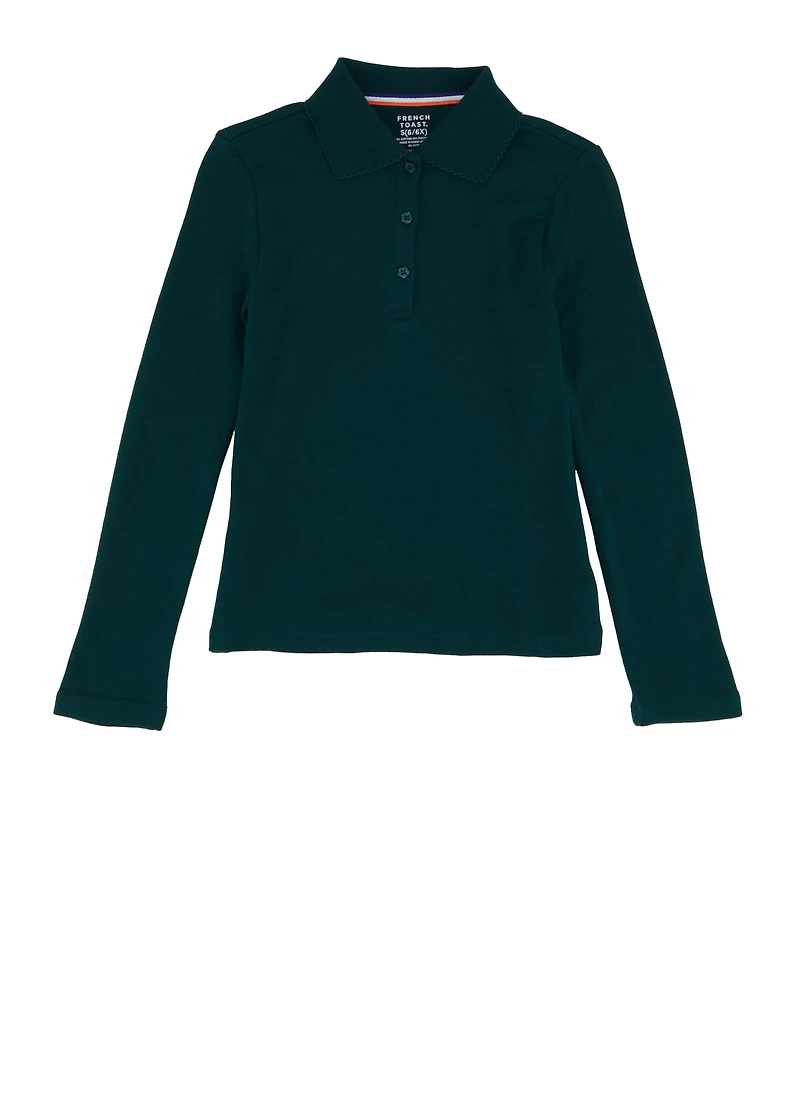 French Toast Girls 7-16 Solid Long Sleeve Interlock Polo Shirt, Green, Size 6-6X