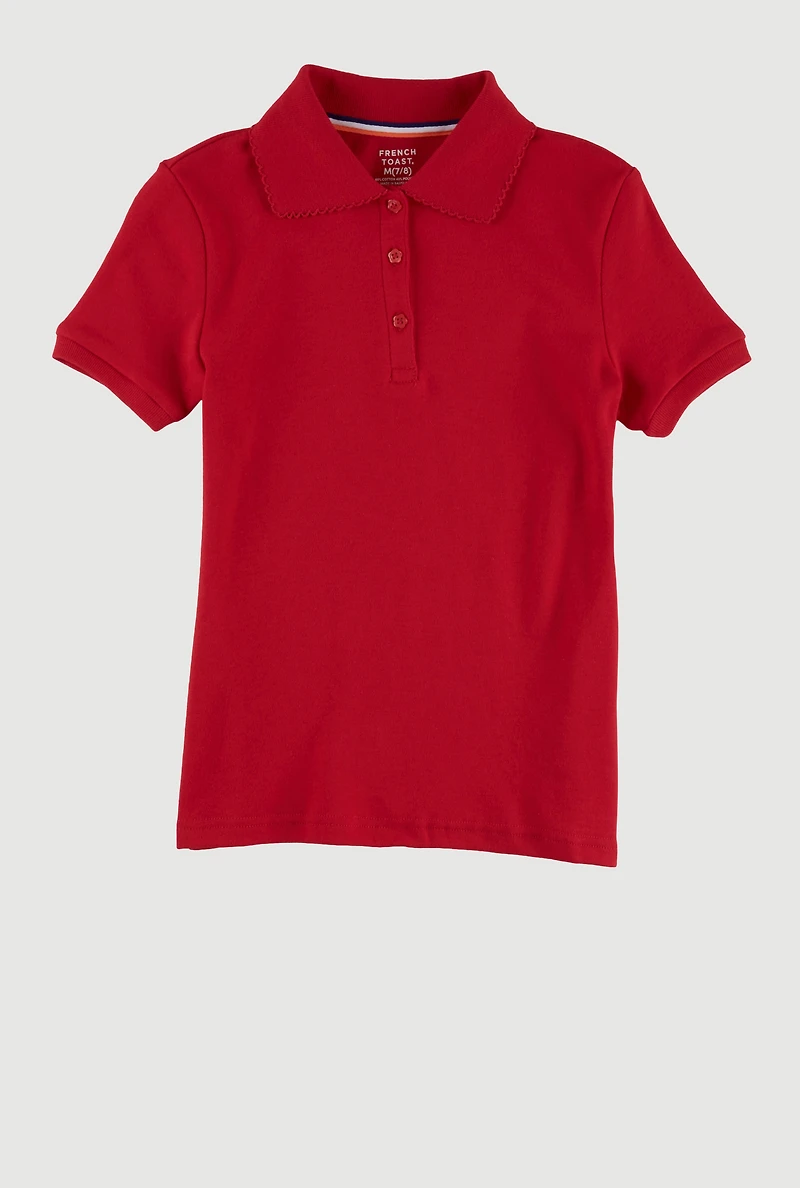 French Toast Girls 7-16 Solid Scalloped Collar Interlock Polo Shirt, Red, Size 10-12