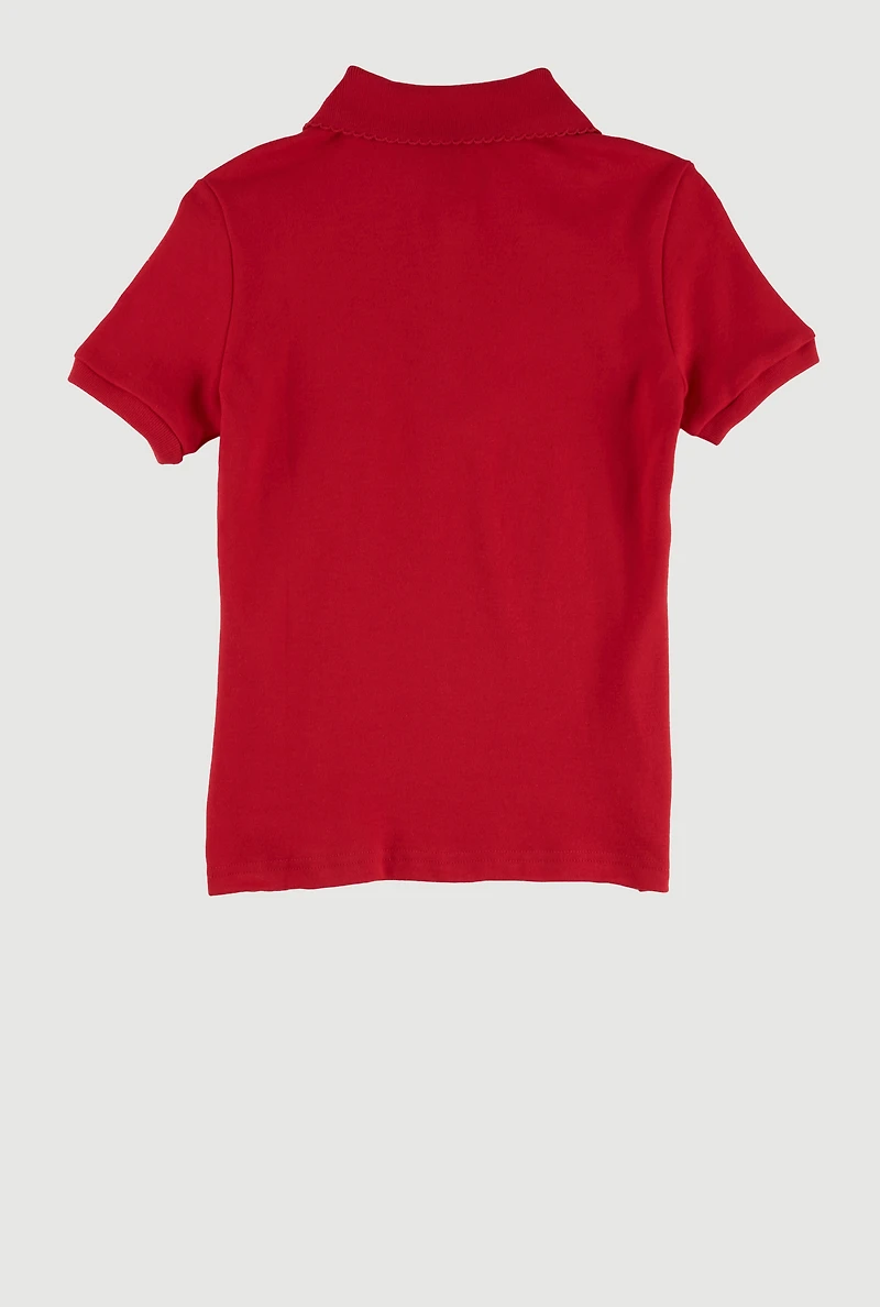French Toast Girls 7-16 Solid Scalloped Collar Interlock Polo Shirt, Red, Size 10-12