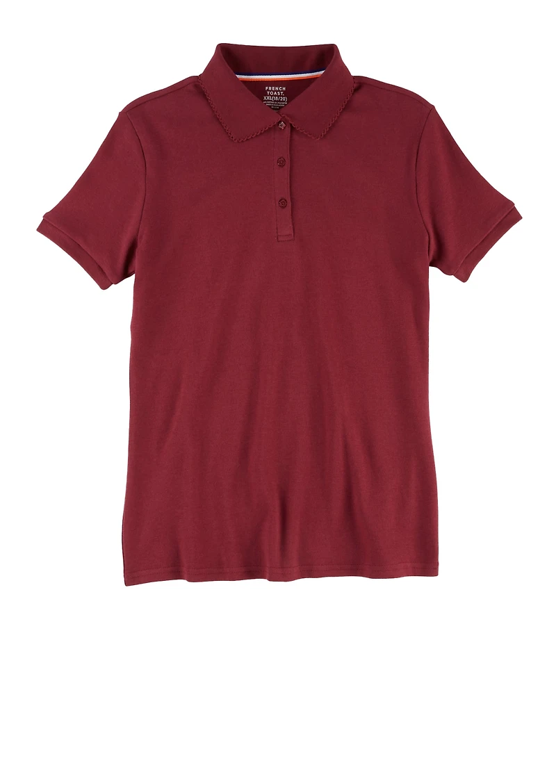 French Toast Girls 16-20 Picot Collar Short Sleeve Polo Shirt, Burgundy, Size 18-20H