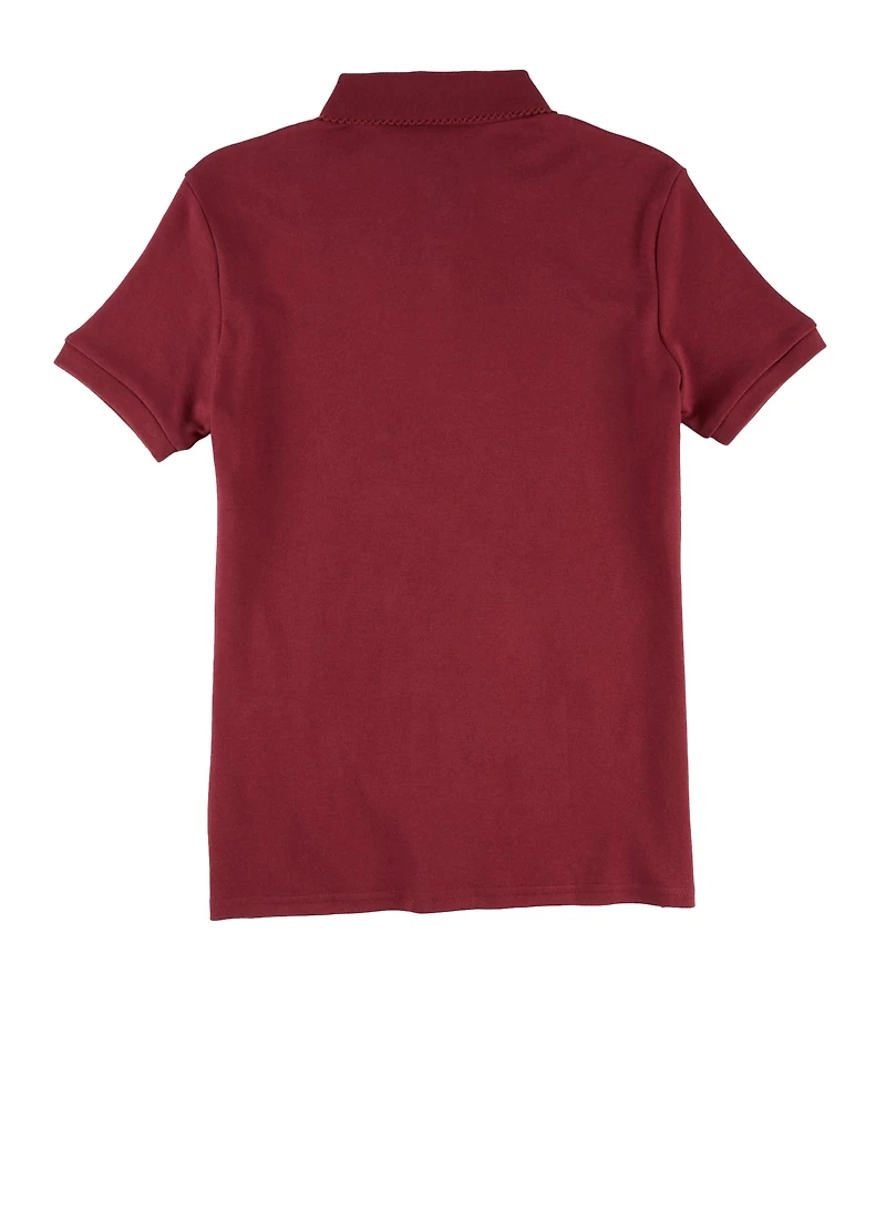 French Toast Girls 16-20 Picot Collar Short Sleeve Polo Shirt, Burgundy, Size 18-20H