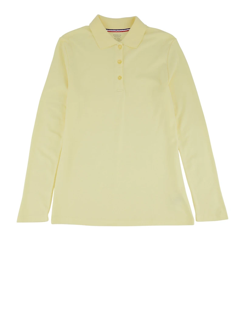French Toast Girls 16-20 Picot Collar Long Sleeve Polo Shirt, Yellow, Size 18-20H