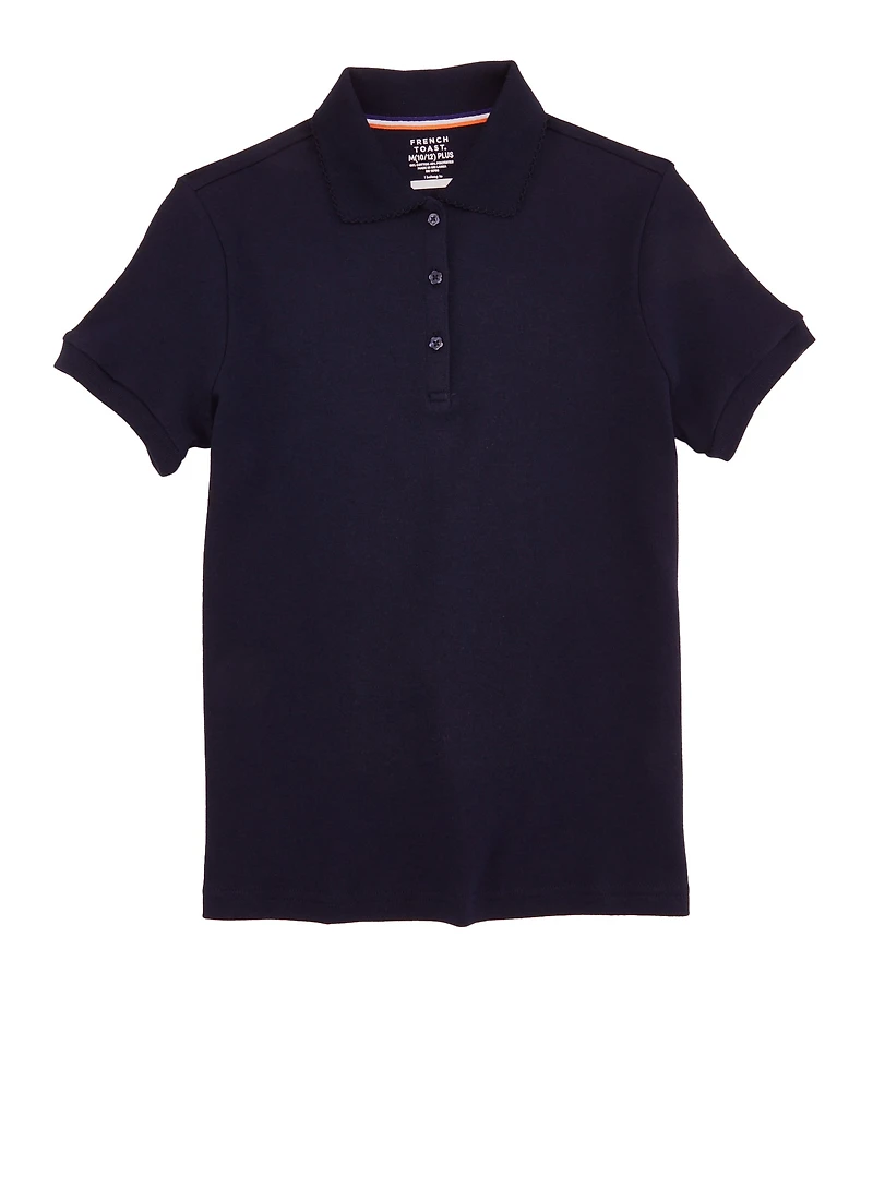 French Toast Girls Plus Size 10-20 Picot Polo Shirt, Blue, Size 10-12P