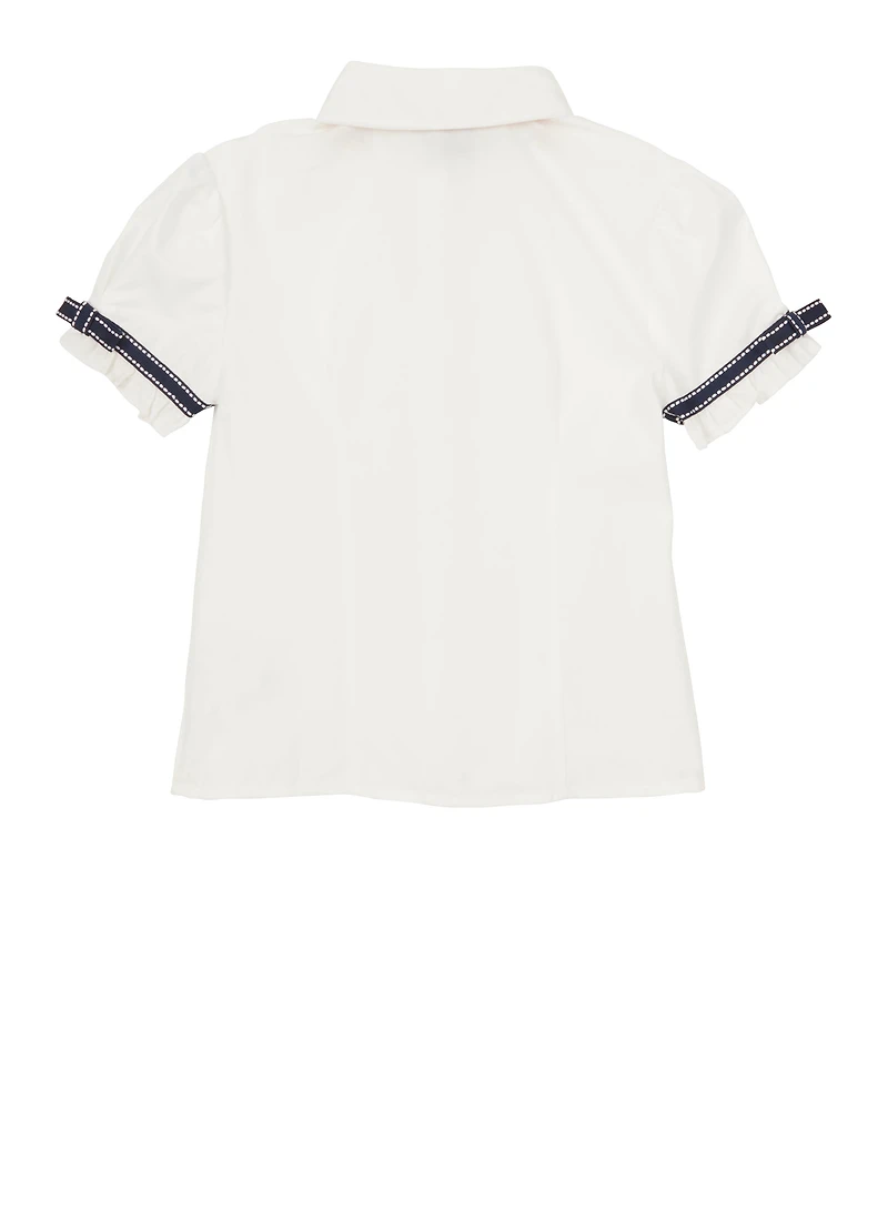 French Toast Girls 4-6x Ribbon Trim Short Sleeve Shirt, White,