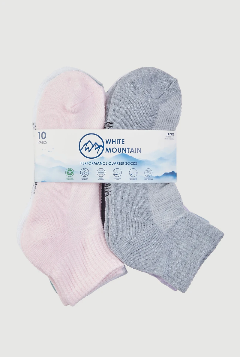 Womens Marled Rib Knit Performance Quarter Socks 10 Pack Size 4-10, Multi