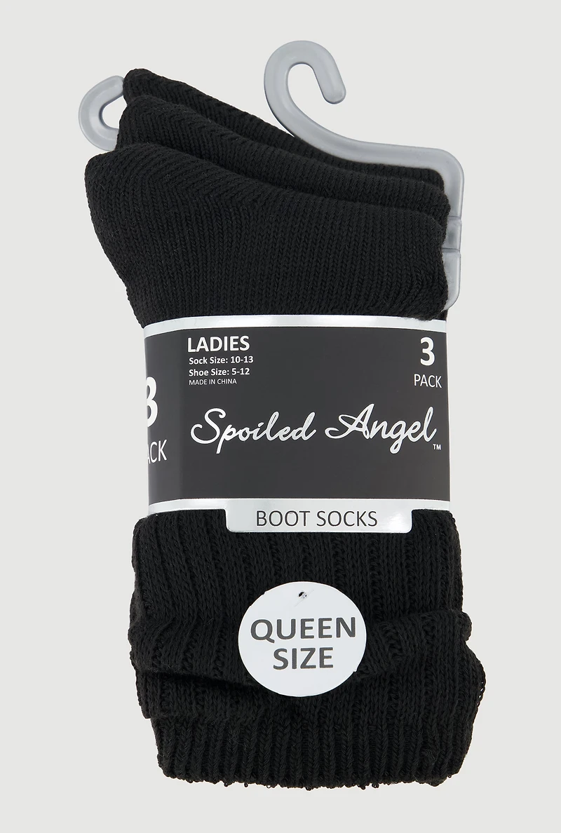 Womens Plus Size Ribbed Knit Solid Boot Socks 3 Pack Size 10-13, Black