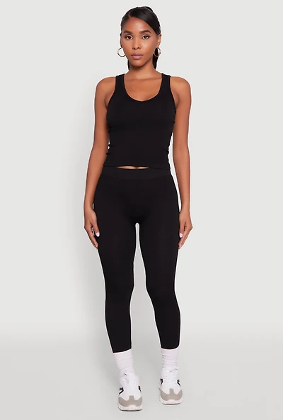 Womens Stylish High Waisted Seamless Ribbed Knit Leggings, Black, Size XL