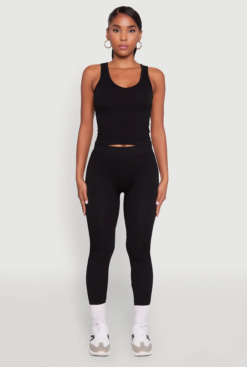 Womens Stylish High Waisted Seamless Ribbed Knit Leggings, Black,