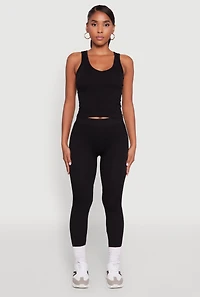 Womens Stylish High Waisted Seamless Ribbed Knit Leggings, Black,
