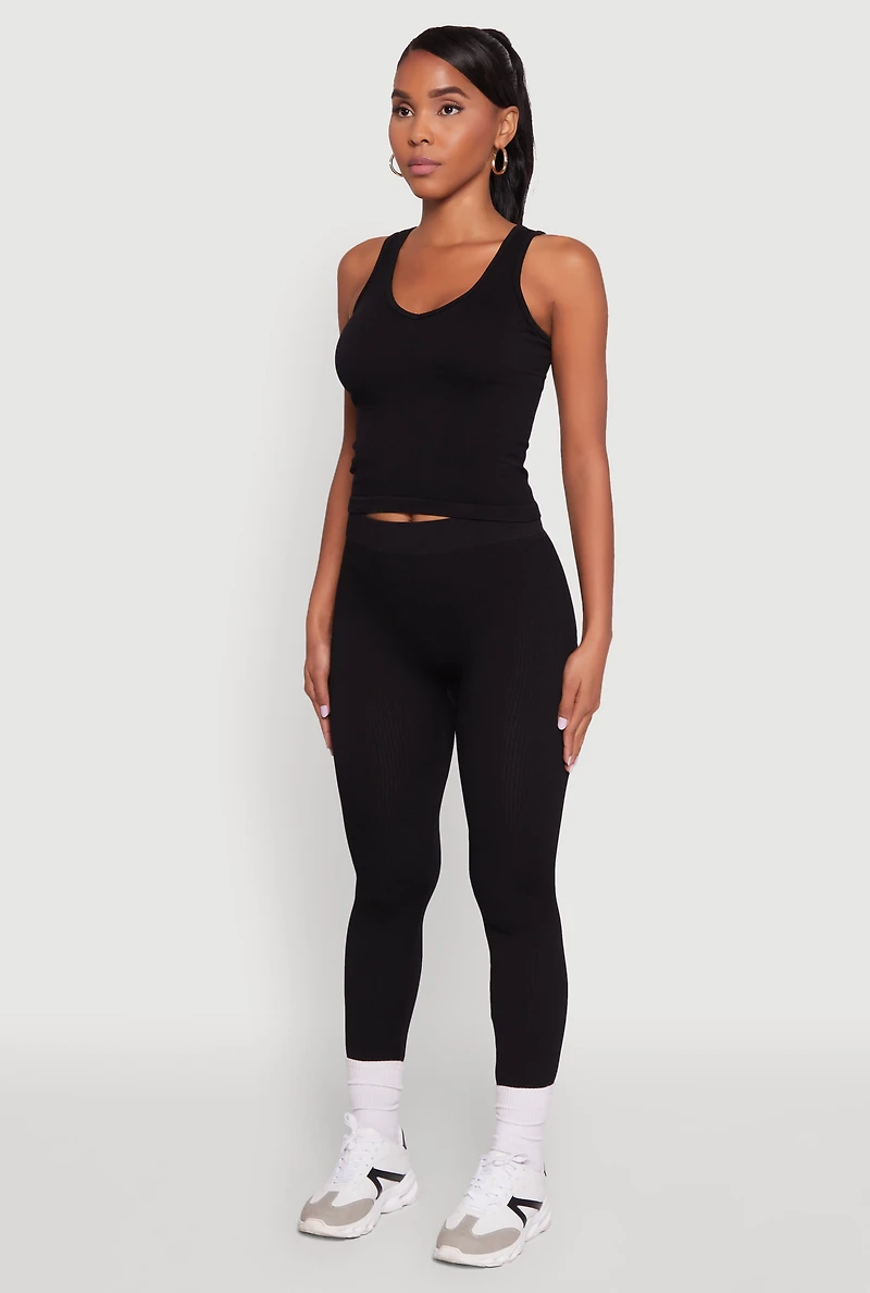 Womens Stylish High Waisted Seamless Ribbed Knit Leggings, Black,