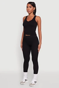 Womens Stylish High Waisted Seamless Ribbed Knit Leggings, Black,