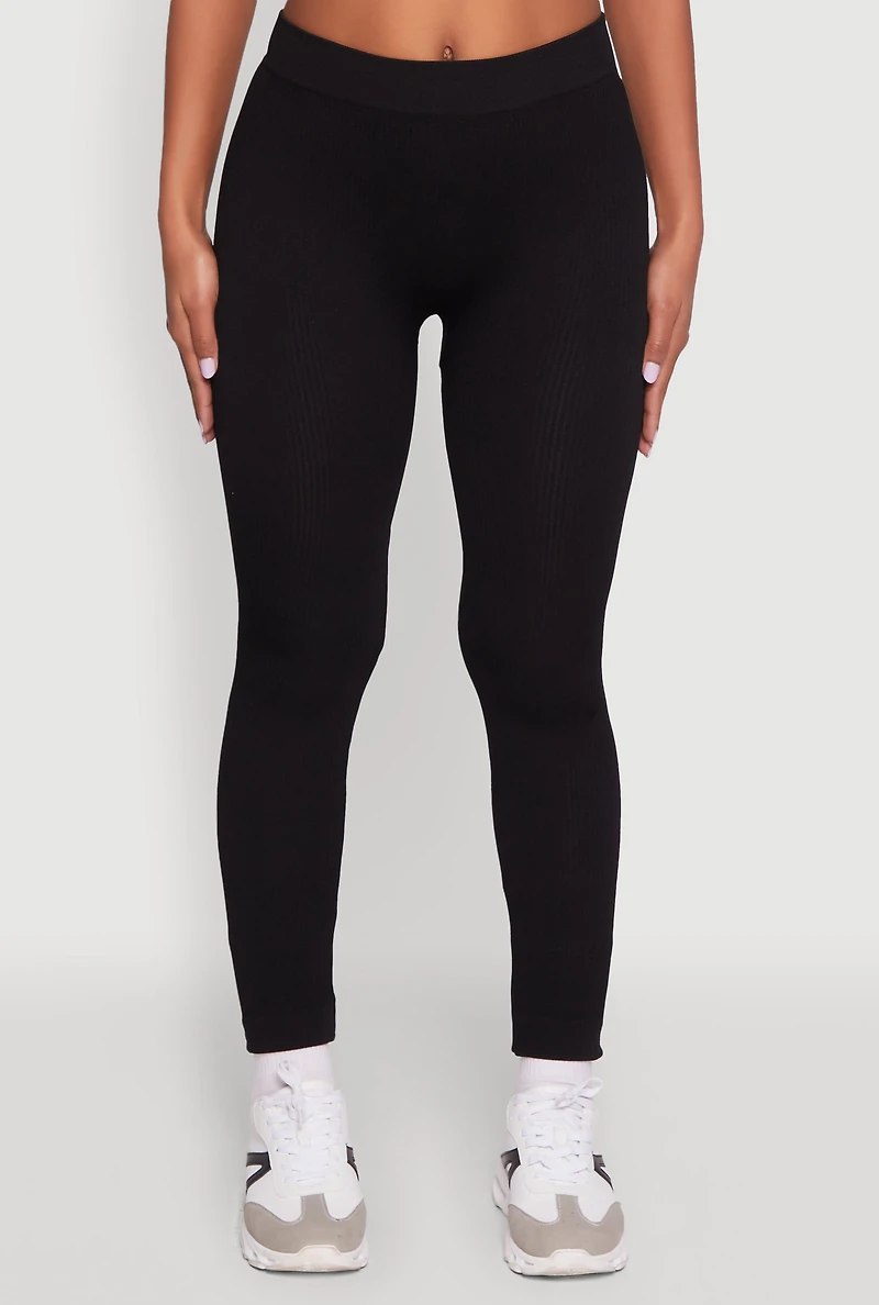 Womens Stylish High Waisted Seamless Ribbed Knit Leggings, Black,