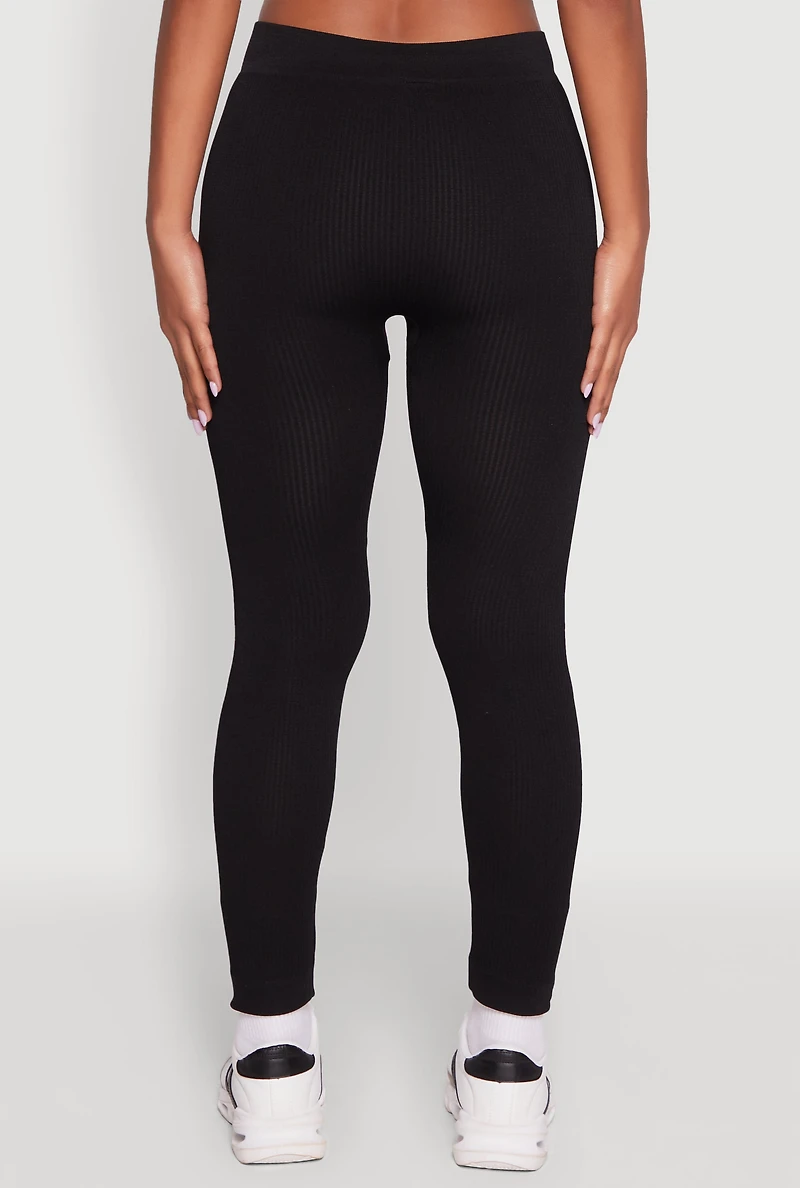 Womens Stylish High Waisted Seamless Ribbed Knit Leggings, Black,