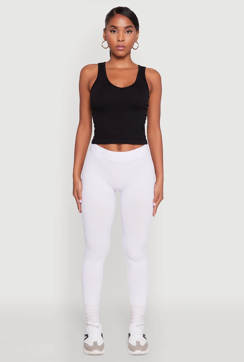 Womens Stylish High Waisted Seamless Ribbed Knit Leggings, White, Size M