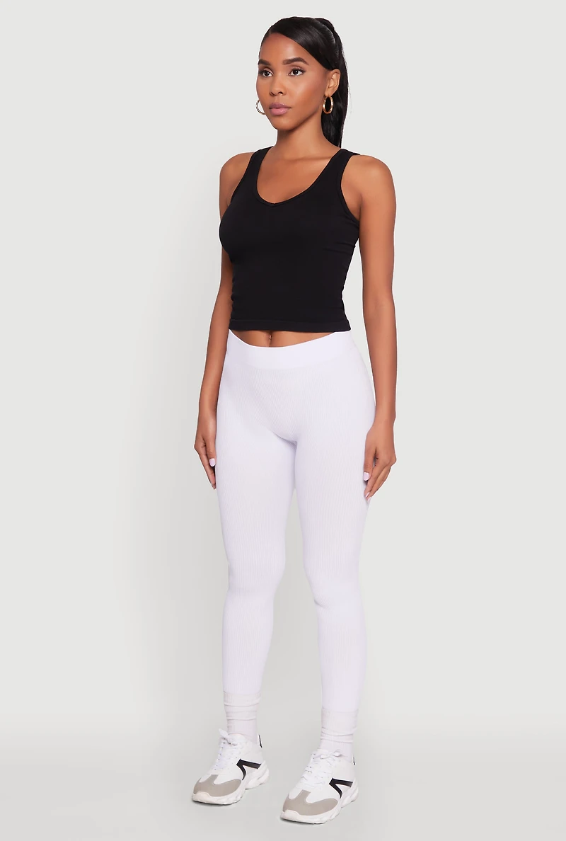 Womens Stylish High Waisted Seamless Ribbed Knit Leggings, White, Size L