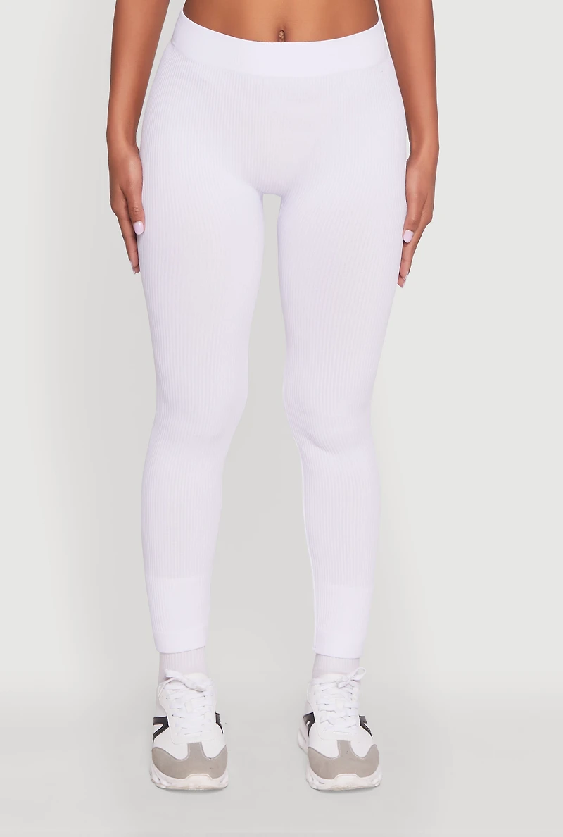 Womens Stylish High Waisted Seamless Ribbed Knit Leggings, White, Size M