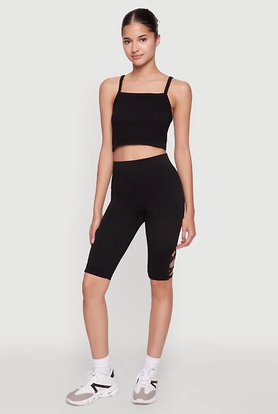 Womens Trendy Seamless Caged Detail High Waisted Biker Shorts, Black, Size L