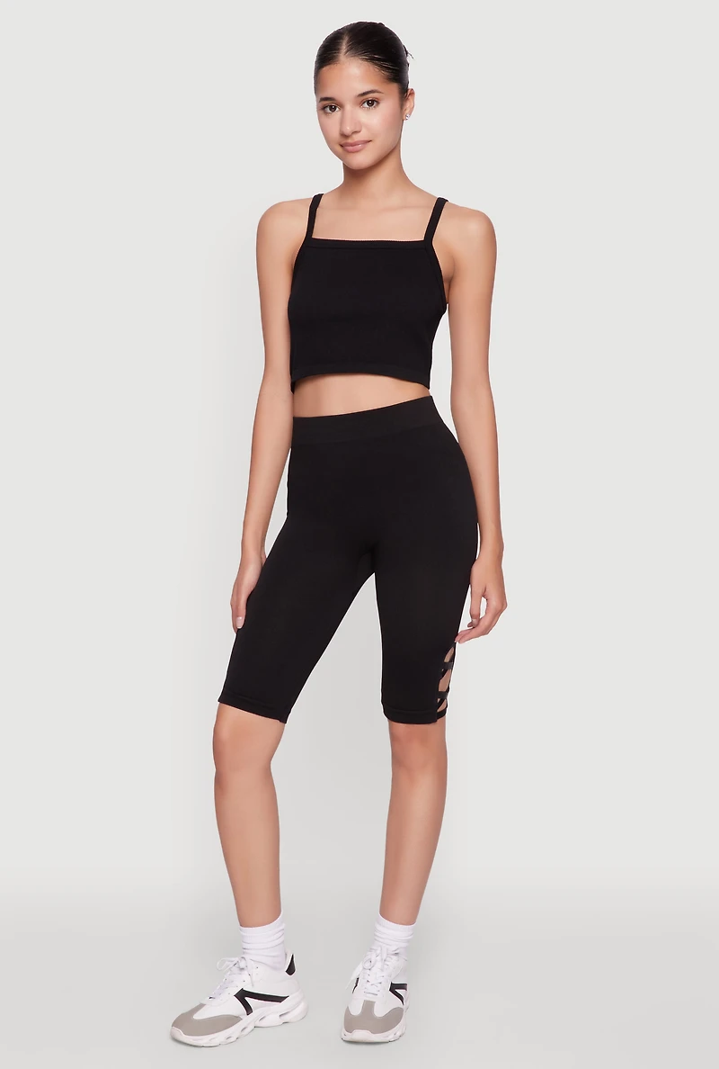 Womens Trendy Seamless Caged Detail High Waisted Biker Shorts, Black, Size L