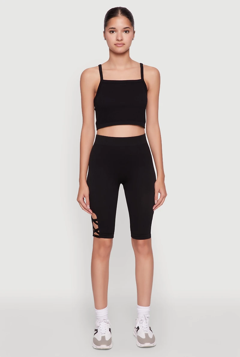 Womens Trendy Seamless Caged Detail High Waisted Biker Shorts, Black, Size M