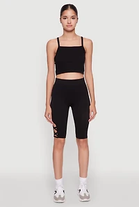 Womens Trendy Seamless Caged Detail High Waisted Biker Shorts, Black, Size M
