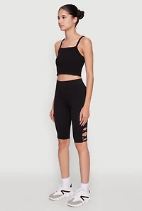 Womens Trendy Seamless Caged Detail High Waisted Biker Shorts, Black, Size L