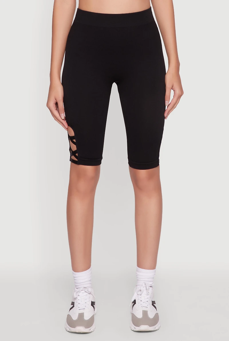 Womens Trendy Seamless Caged Detail High Waisted Biker Shorts, Black, Size L