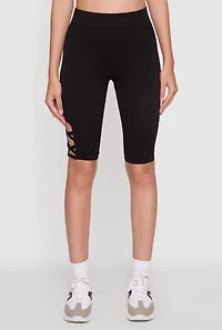 Womens Trendy Seamless Caged Detail High Waisted Biker Shorts, Black, Size L