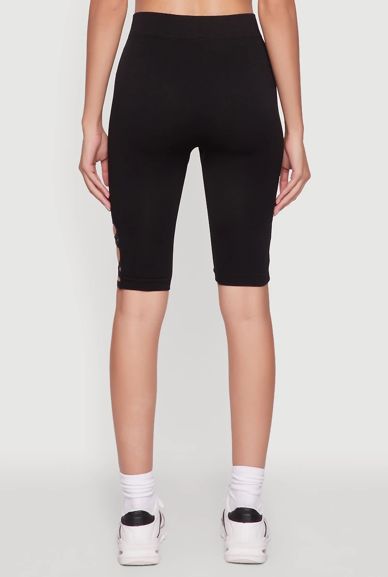 Womens Trendy Seamless Caged Detail High Waisted Biker Shorts, Black, Size L