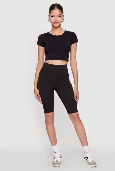 Womens Trendy Seamless 9 Inch High Waisted Biker Shorts, Black, Size L