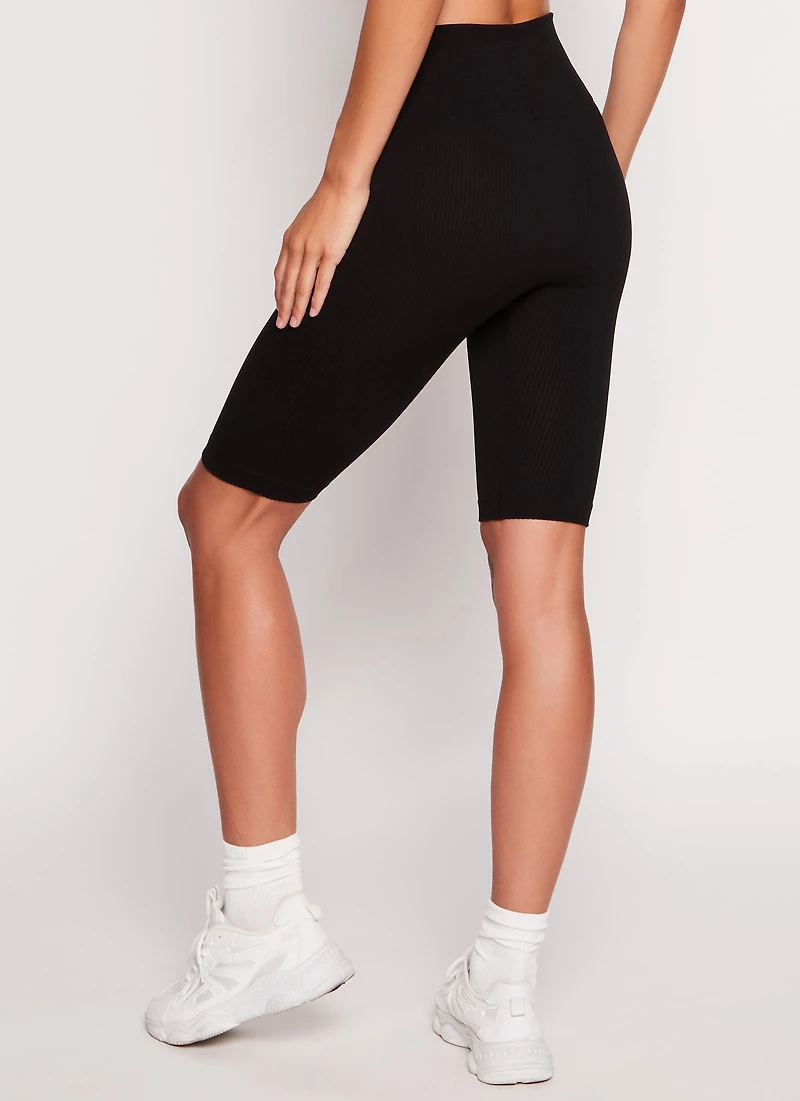 Womens Solid Seamless Ribbed Biker Shorts, Black,