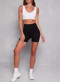 Womens Seamless Ribbed Wide Waistband Biker Shorts, Black, Size S