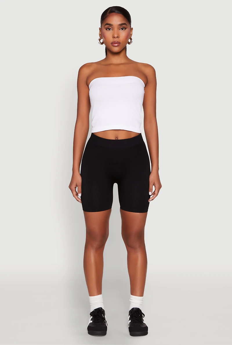 Womens Compression Rib Seamless Biker Shorts, Black, Size L-XL