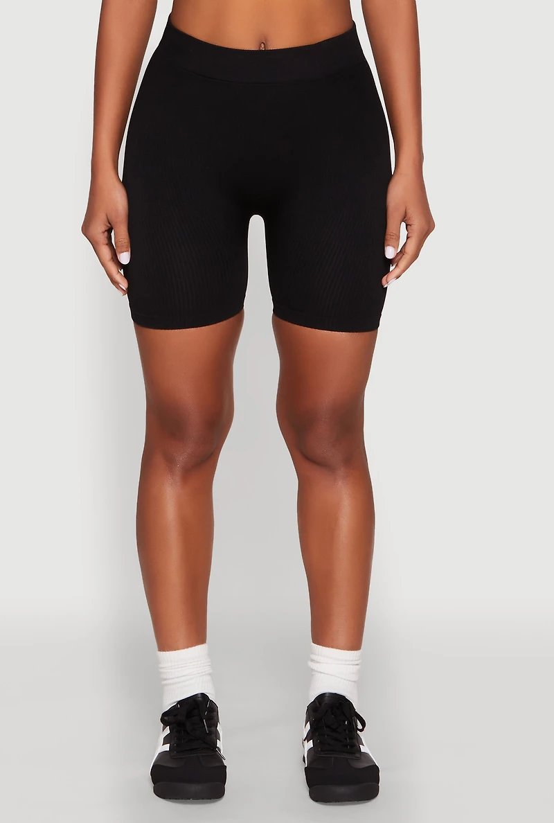 Womens Compression Rib Seamless Biker Shorts, Black, Size L-XL
