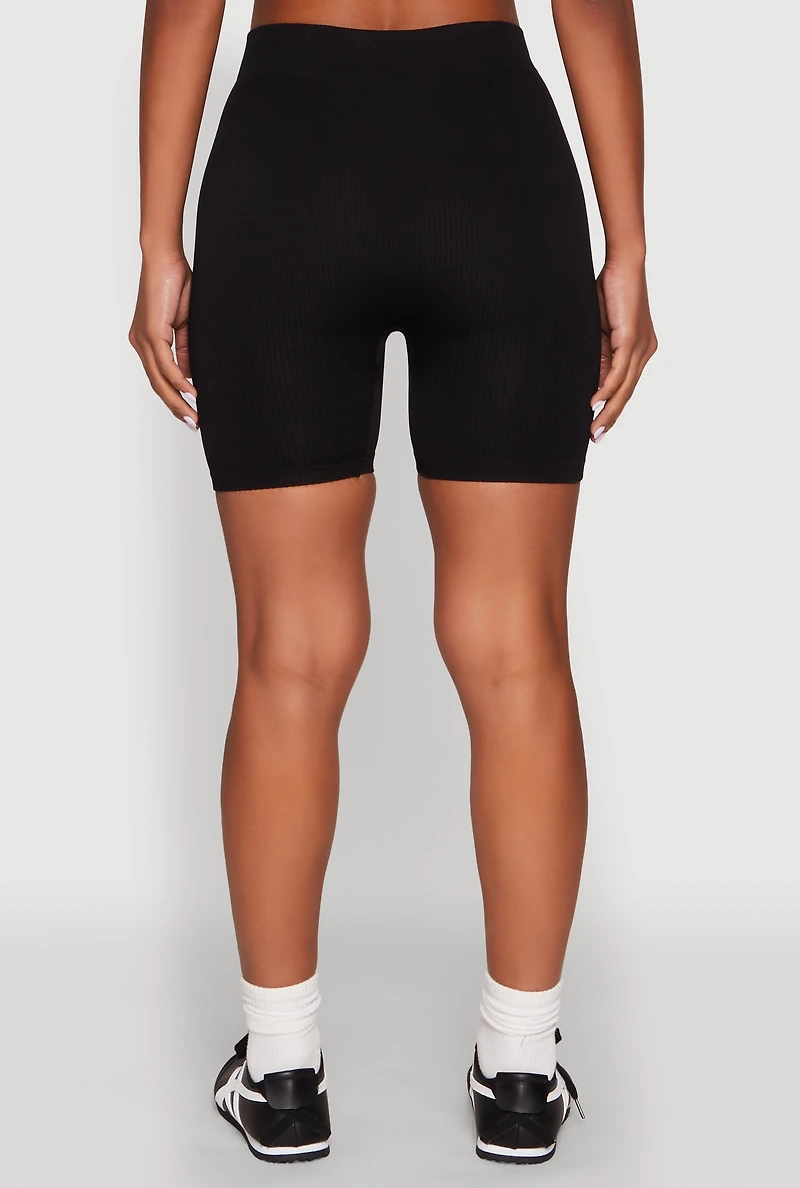 Womens Compression Rib Seamless Biker Shorts, Black, Size L-XL