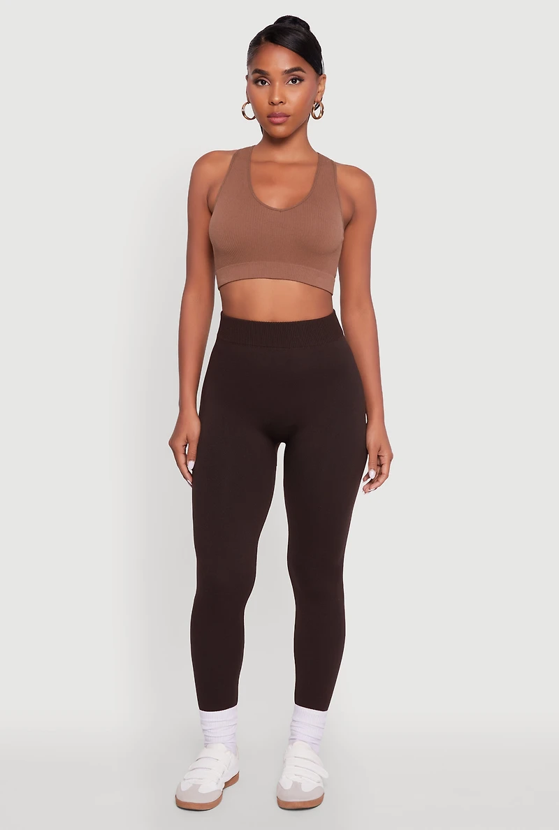 Rib Knit High Waisted French Terry Lined Leggings