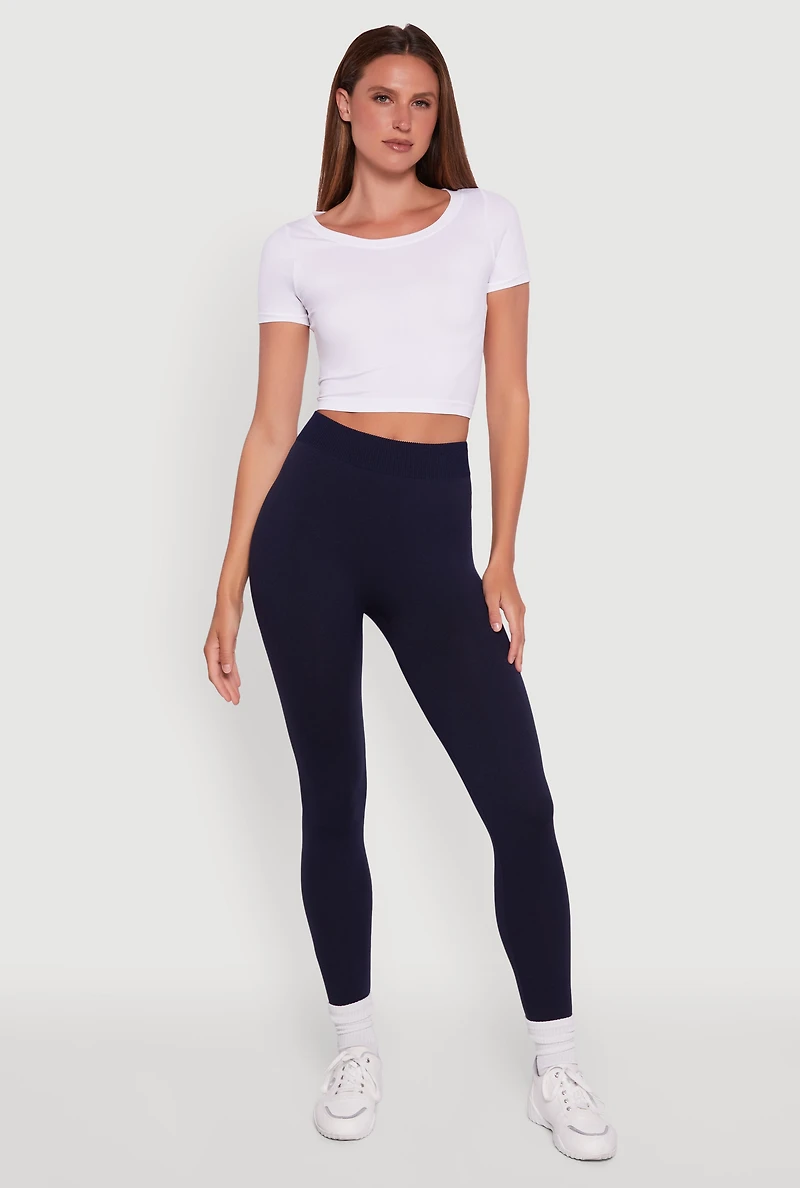 Womens Rib Knit High Waisted French Terry Lined Leggings,