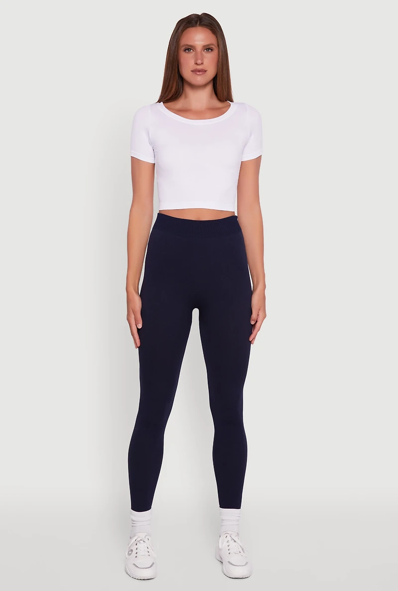 Womens Rib Knit High Waisted French Terry Lined Leggings,