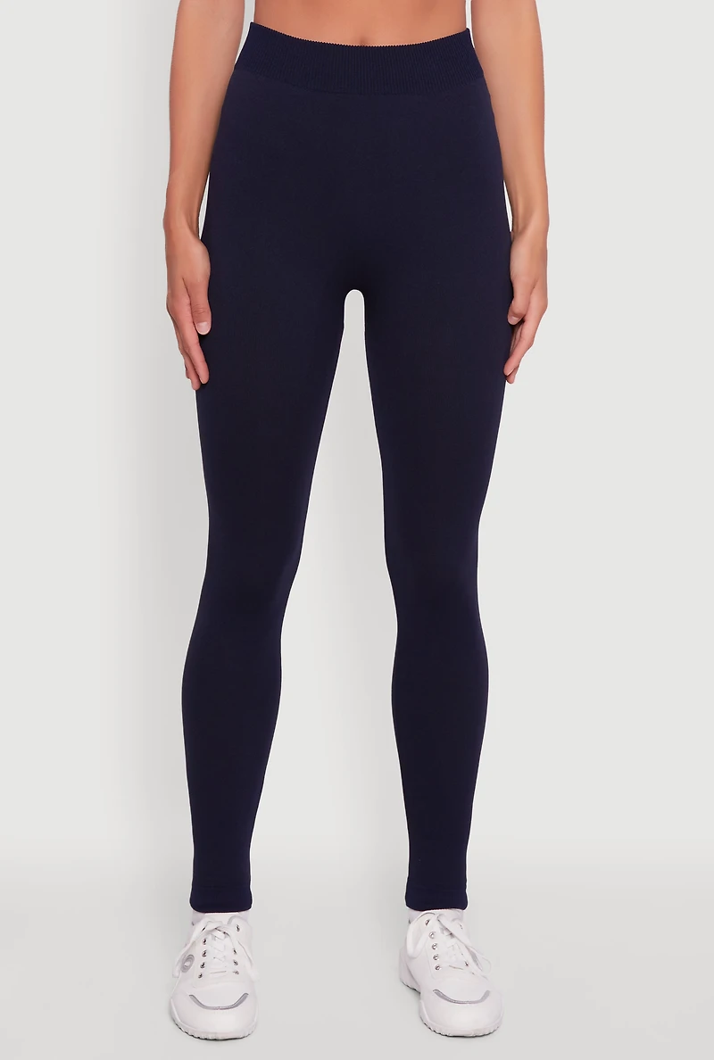 Womens Rib Knit High Waisted French Terry Lined Leggings, Blue, Size XL